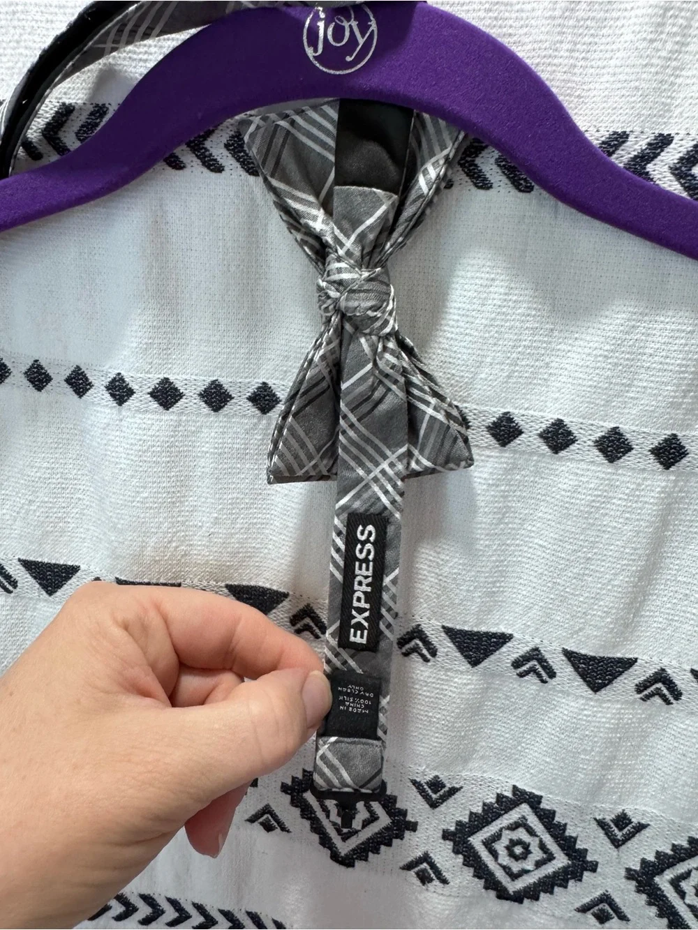Express brand clip on bow tie in sleek gray and white plaid pattern formalwear